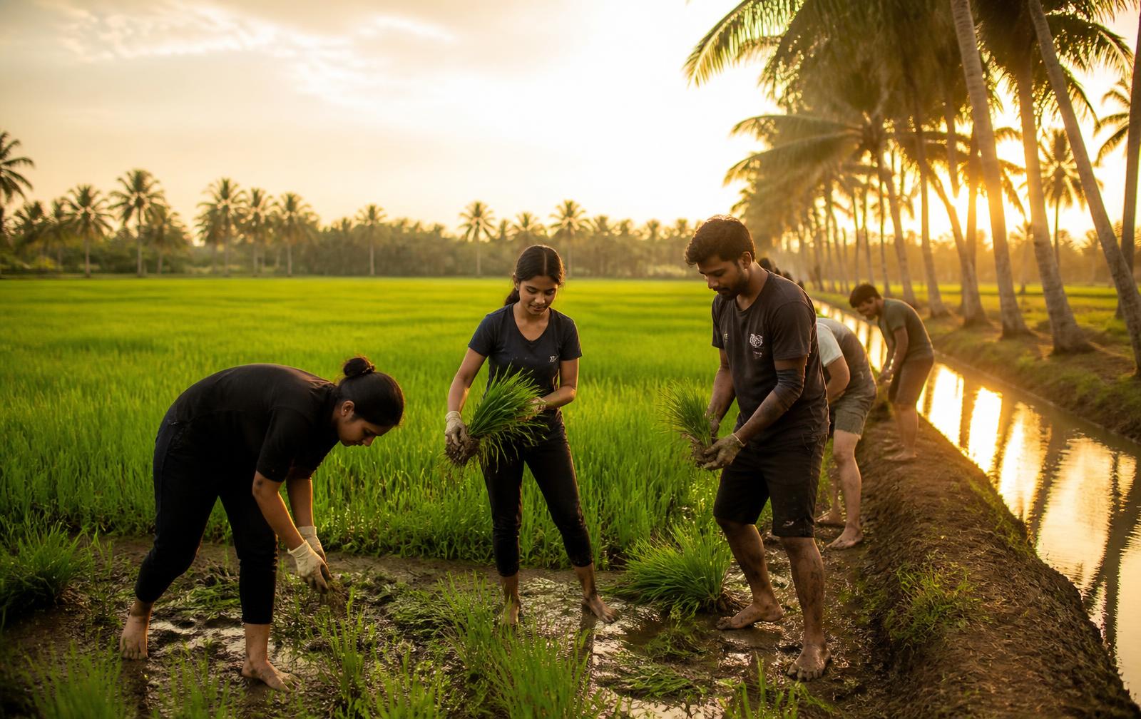 Volunteers transplanting paddy seedlings beside a canal in India at sunrise